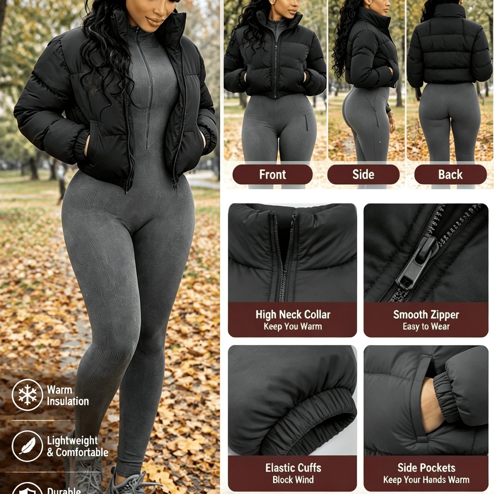 TEMU Women's Short Winter Jackets With Stand Collar & Zipper Front - Solid Color Short Length Suitable For Outdoor, Casual, | Machine Washable Warm