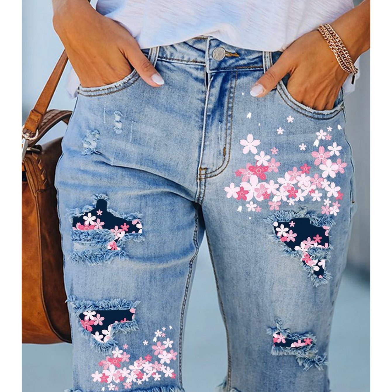 Image of Women's Denim Shorts New Summer Street Style Mid-waist Perforated Printed Bermuda Shorts Women's Jeans