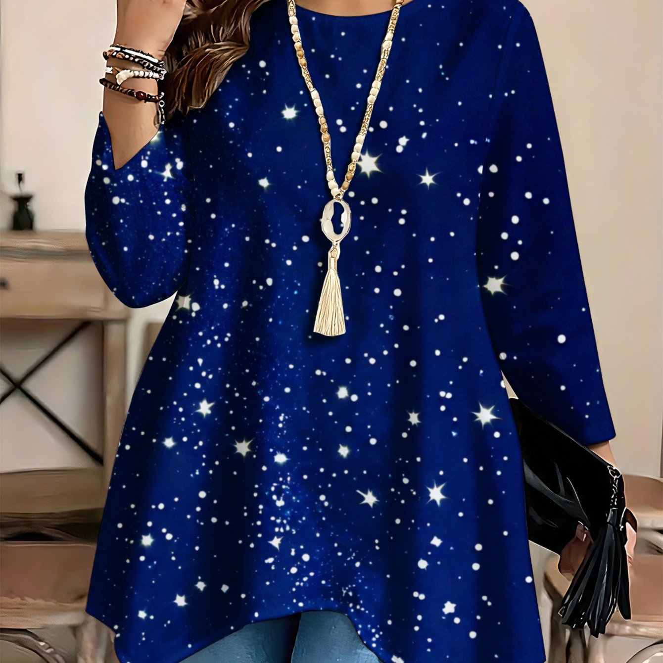 Image of Plus Size, Plus Size-plus Size-fashionable , Ladies' Long-sleeved Blouse With Round Neck And Asymmetric Hem Starry Night Print Are . Perfect For Spring And Summer Wear, For Women In Large Clothes.