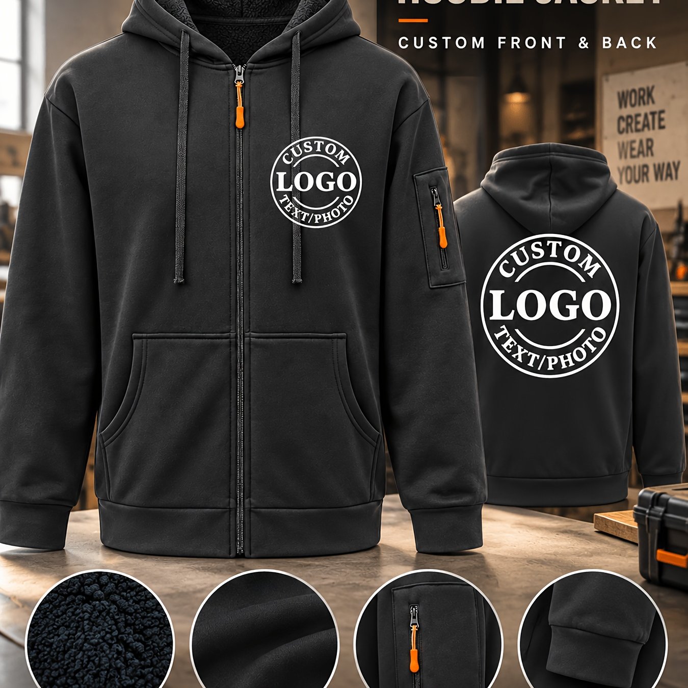 TEMU Custom Halloween Christmas Men's Work Jacket, Personalized Logo Name Photo Knit Fleece-lined Full Zip Hoodie, Contrast Drawcord Kangaroo Pocket,