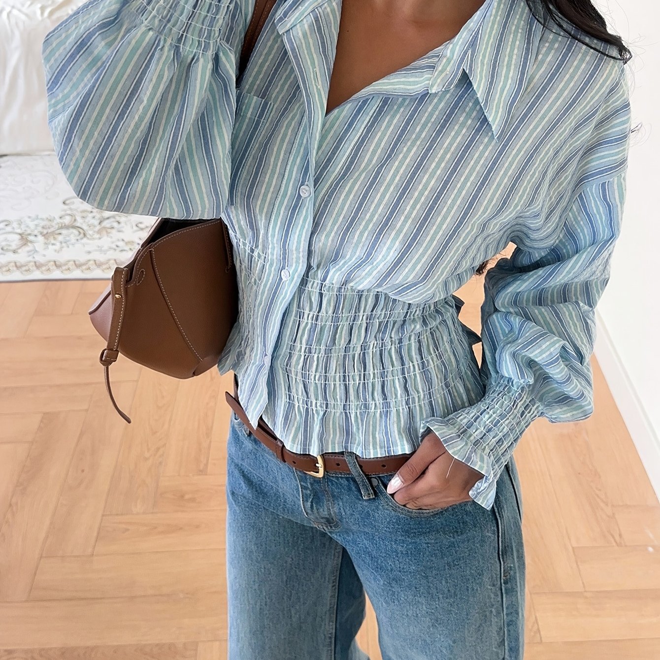 E-shop Damen Hemd mit vertikalen Streifen Plissierter Taille, Amerikanischer Casual-Stil mit Revers Langarm, Neuer Frühjahr/Sommer Look