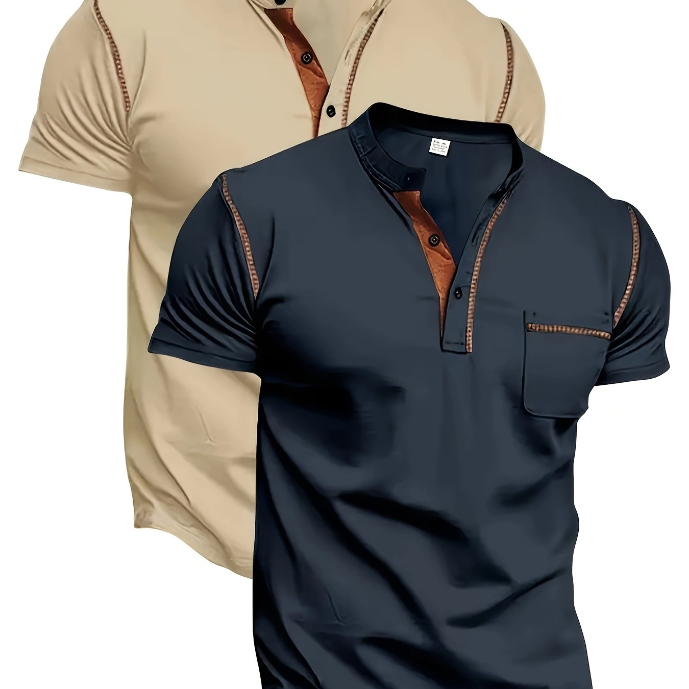 TEMU 2pcs Men's Summer Short-sleeve Henley Shirts - Breathable Stretch Solid Color Athletic Tops, Half-button Design With Mesh Details, Suitable For