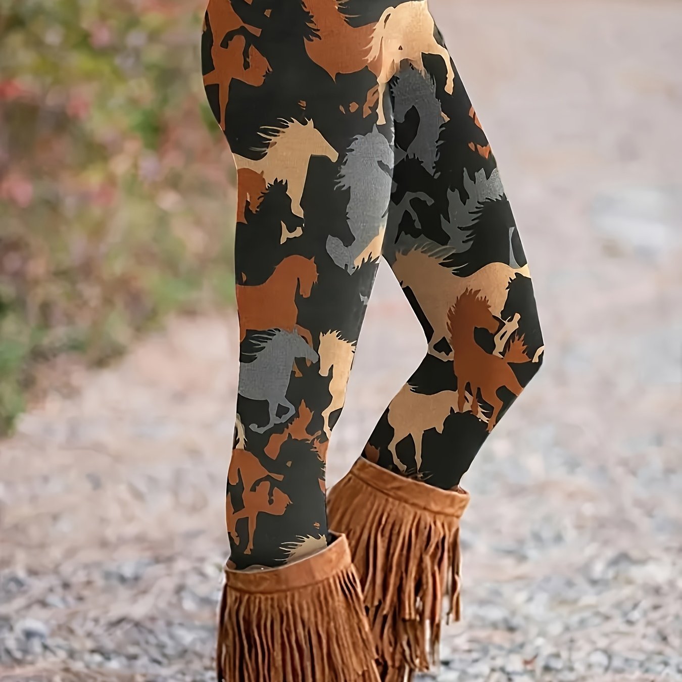 Image of Girls' Horse Print Leggings, Casual Elastic Waist Pants, For Outdoor, Christmas, Halloween