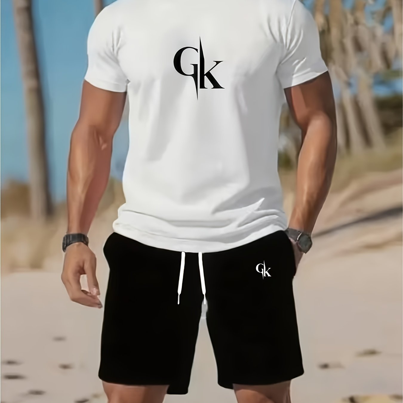 TEMU Completo estivo da 2 pezzi con stampa GK, maglietta a maniche corte con e pantaloncini, abbigliamento casual