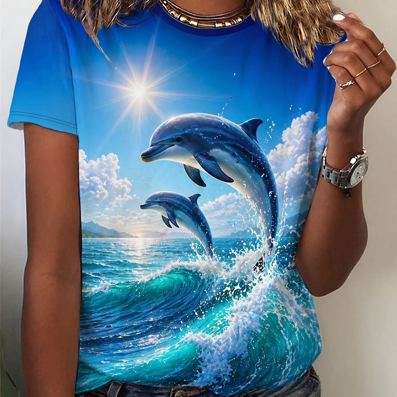 TEMU Plus Size, Women's Plus Size T-shirt - Short Sleeve Round Neck Dolphin & Ocean Blouse-compatible Top | Breathable Stretch Fabric | Machine
