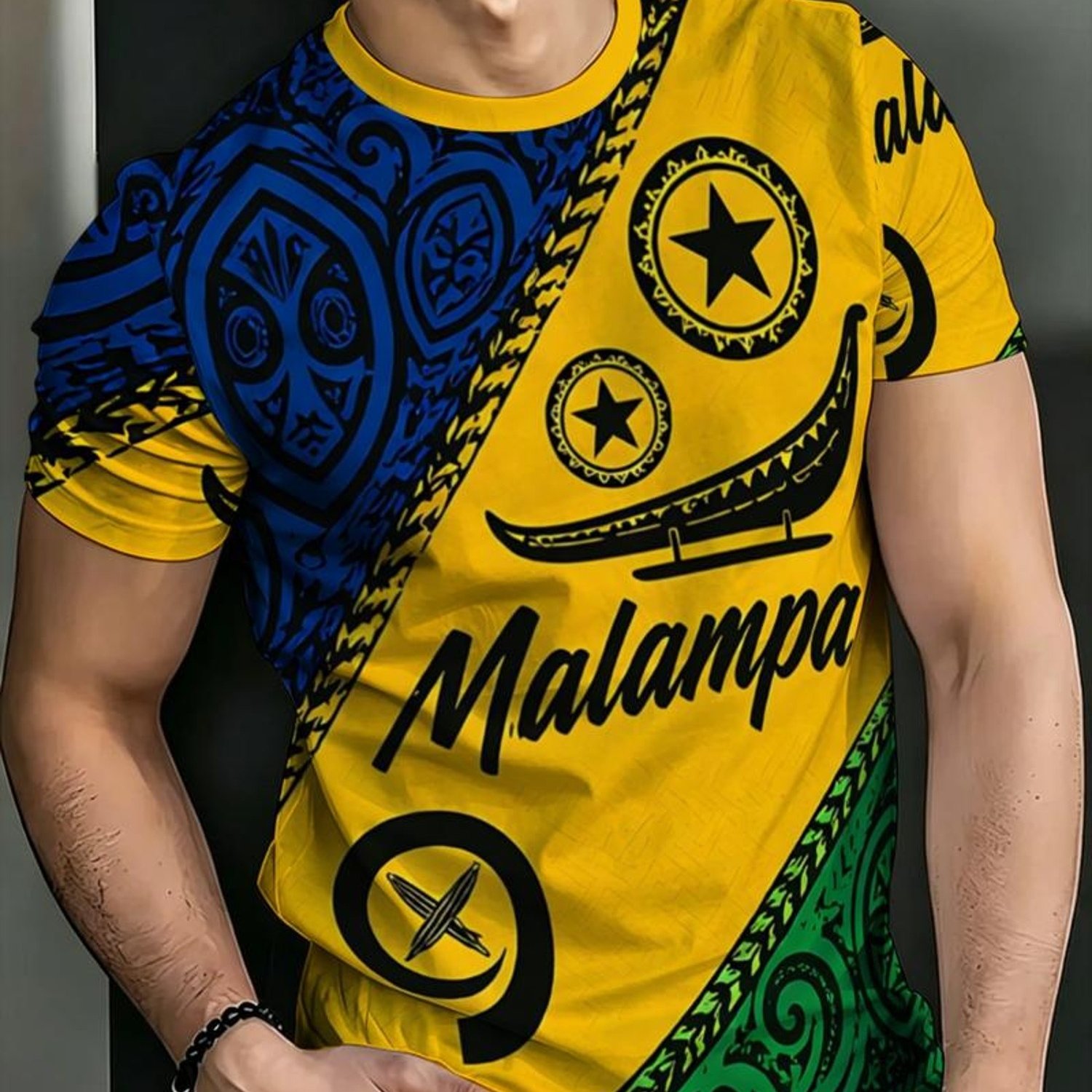 TEMU Men's Novelty T-shirt, Tribal Pattern, "malampa" Canoe Design, Vibrant Diagonal Color-blocking (blue, Yellow, Green), Casual And Party Fashion