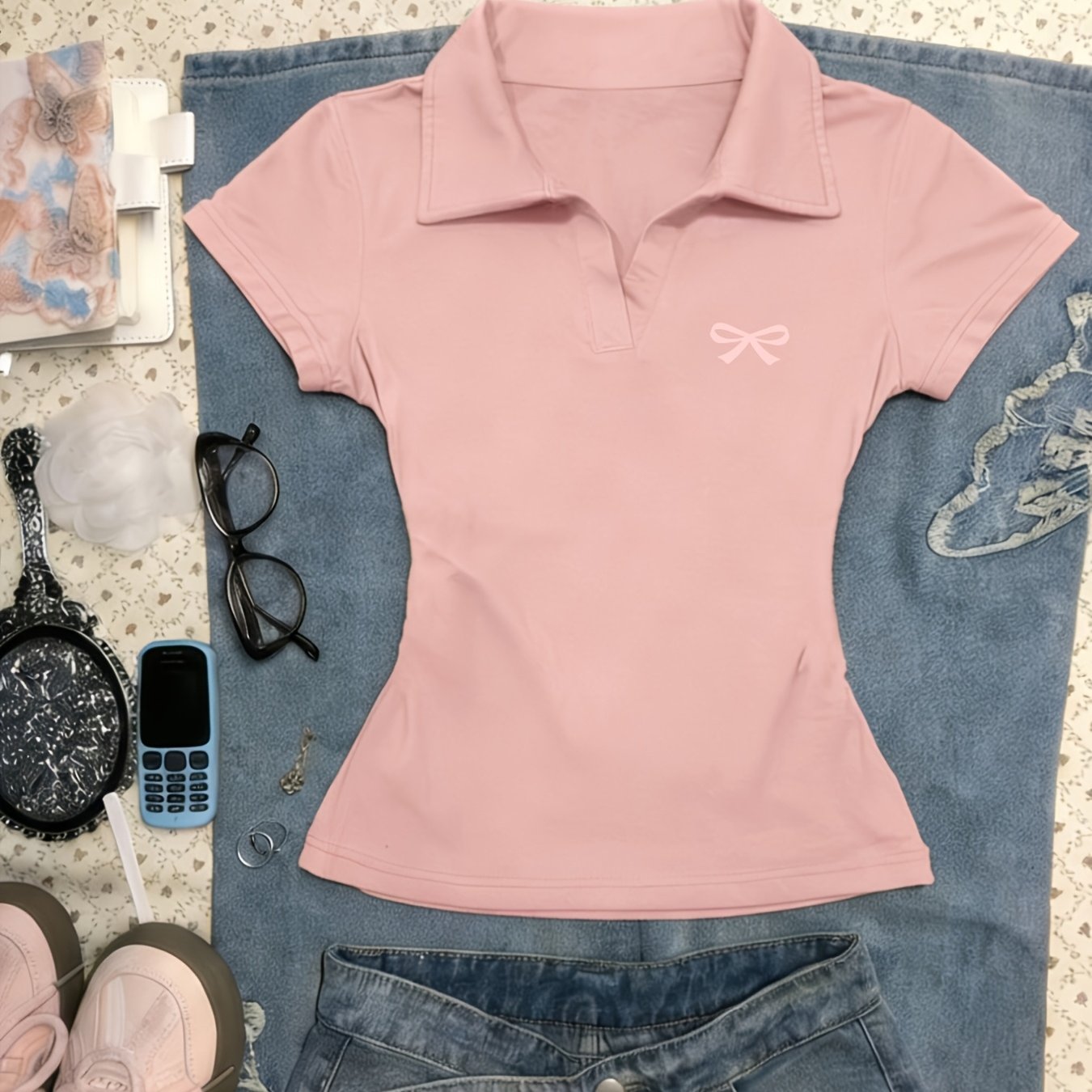TEMU Women's Y2k Retro Short V-neck Shirt - Off-shoulder Collared T-shirt With Short Sleeves, Pink Suitable For Sportswear, Casual & Outfits, Machine