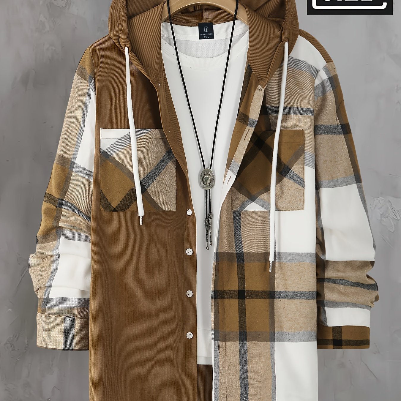 Plus Size Men's Autumn Color Block Shirt Hooded Patch Pocket Cardigan Long-sleeved Shirt