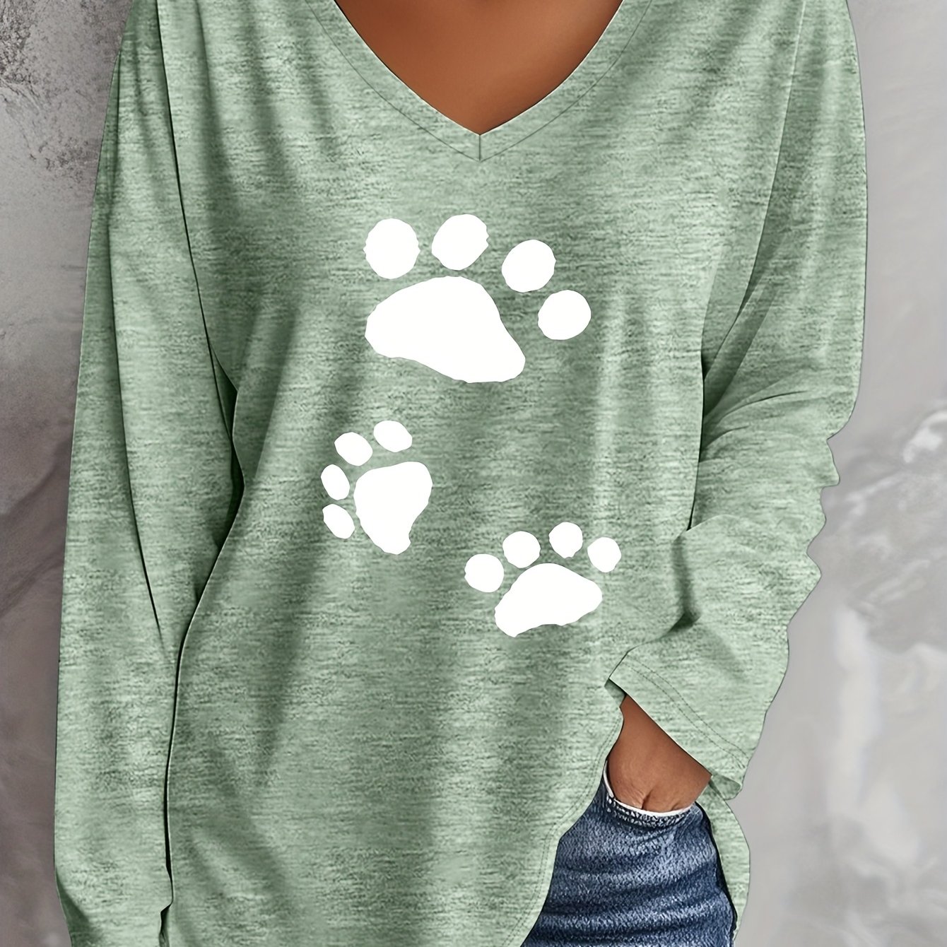 TEMU Plus Size, /summer Size Women's Cute Animal Paw Long Sleeve V-neck T-shirt, Rayon Polyester Blend - Soft, , Machine Washable, Loose , Suitable