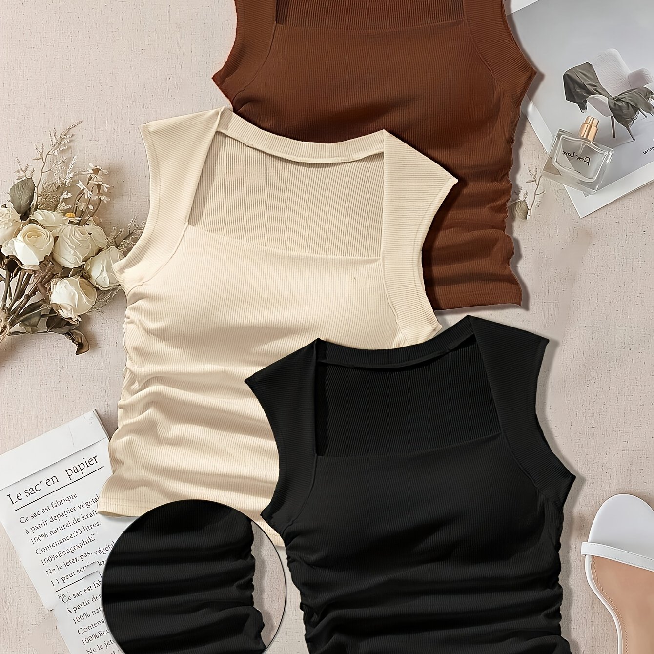 3pcs Women's Fashion Double-layered Square Neck Ruched Vest Slim Fit Stretch Fabric Top