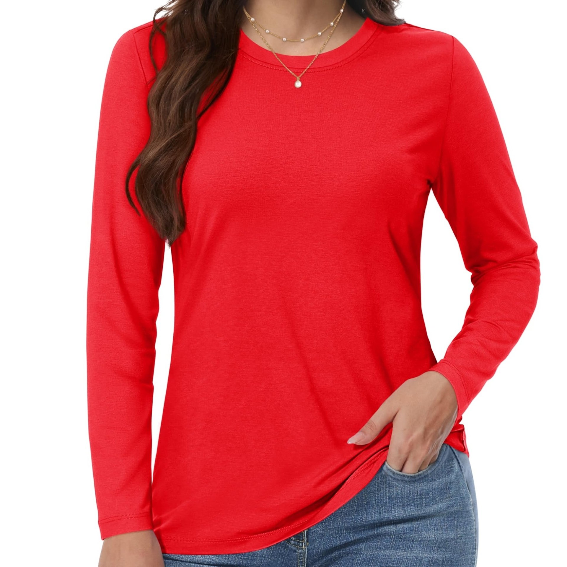 Image of A Versatile Long-sleeve Crew Neck T-shirt For Women, Designed To -soft, Stretchy, And Lightweight. Breathable And Wear, In Solid Colors With A Regular Fit, To Layer For Any Occasion