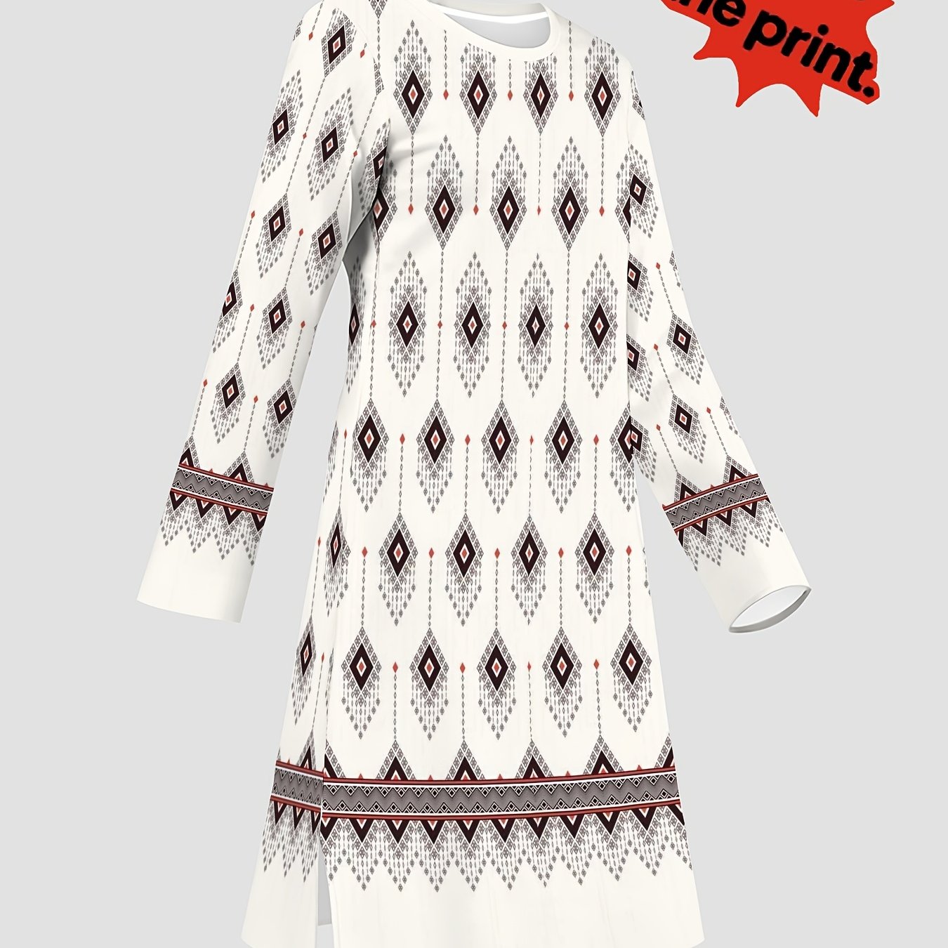 TEMU [printed Design â Not Textured//sequins] Women's Long Blouse, Diamond Pattern (black, White, Red) With Gray Details, Ethnic Style, Suitable For