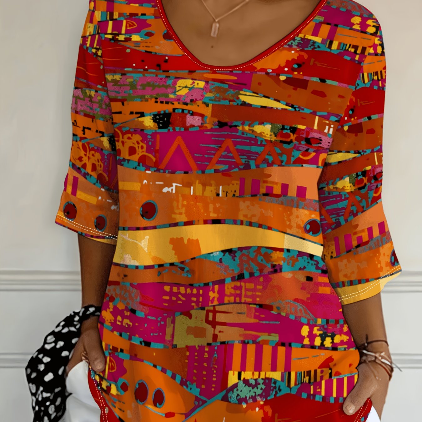 TEMU Plus Size, Plus-size Women's Top, Vintage Psychedelic Print, Casual Fashion For Daily Wear And Parties, Vibrant , Stylish And Comfortable