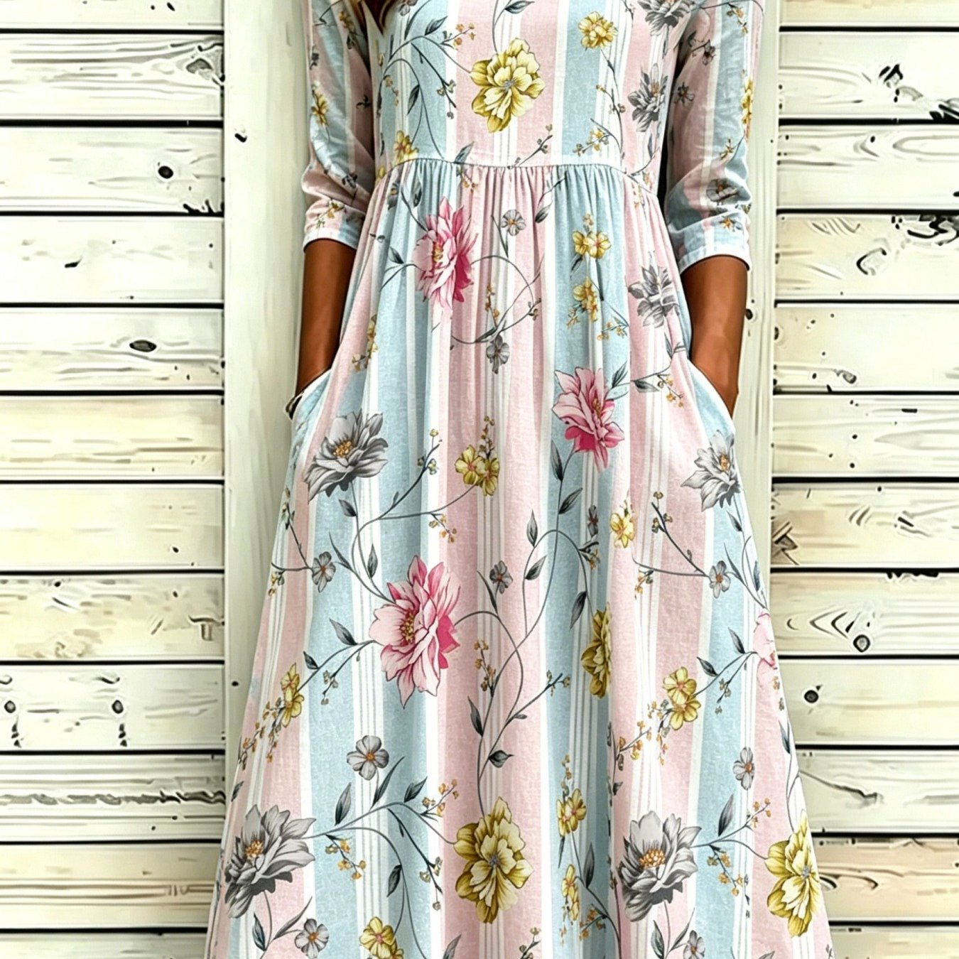 Women's Floral Striped Print Round-neck Midi Dress With Pockets