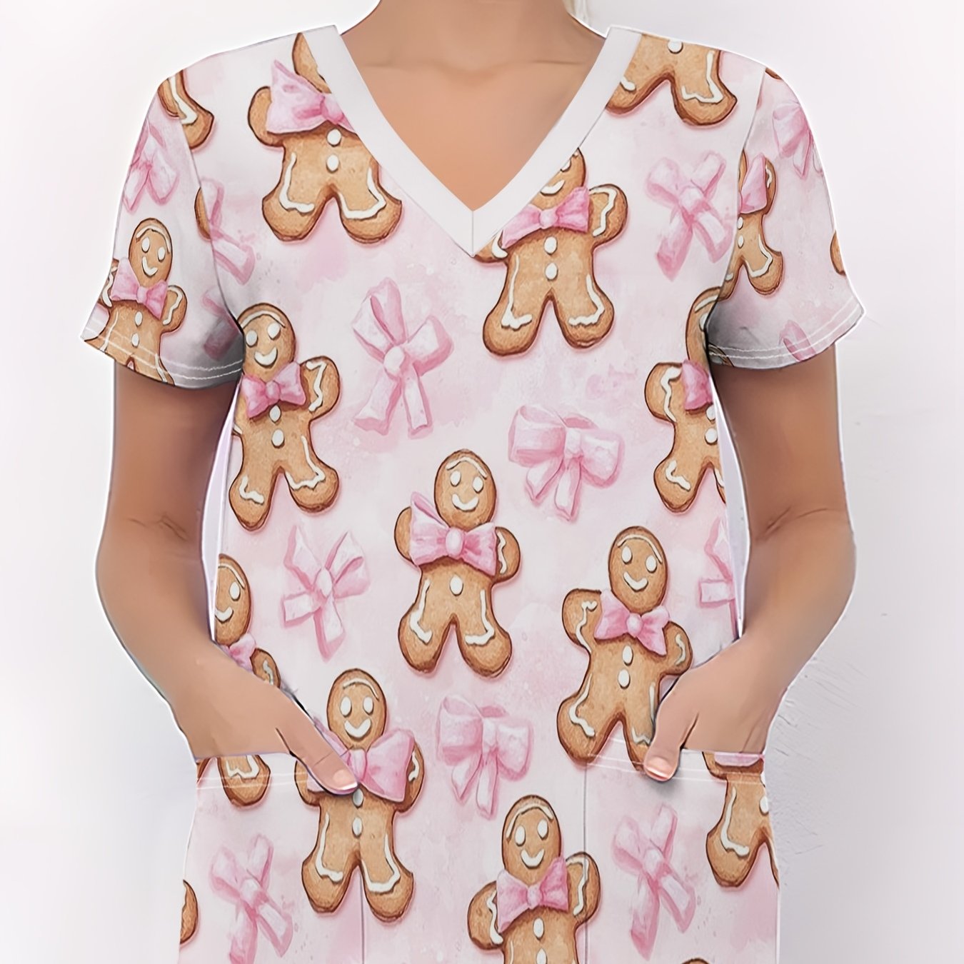 TEMU Christmas Women's Nurse Uniform, Printed T-shirt With A Cute Gingerbread For Man And Pink Bow Pattern On A Pink Background, Christmas V-neck