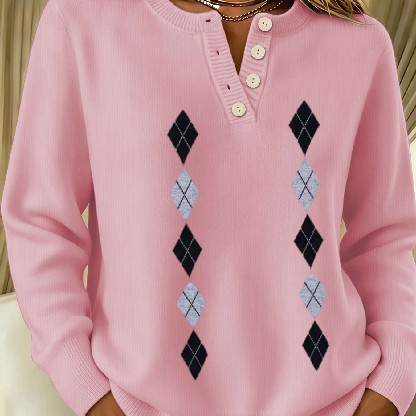 TEMU Women's Semi-button Sweater, Round Neck Long Sleeve Design With Cute Print, Trendy And Beautiful Pullover, Soft And Comfortable