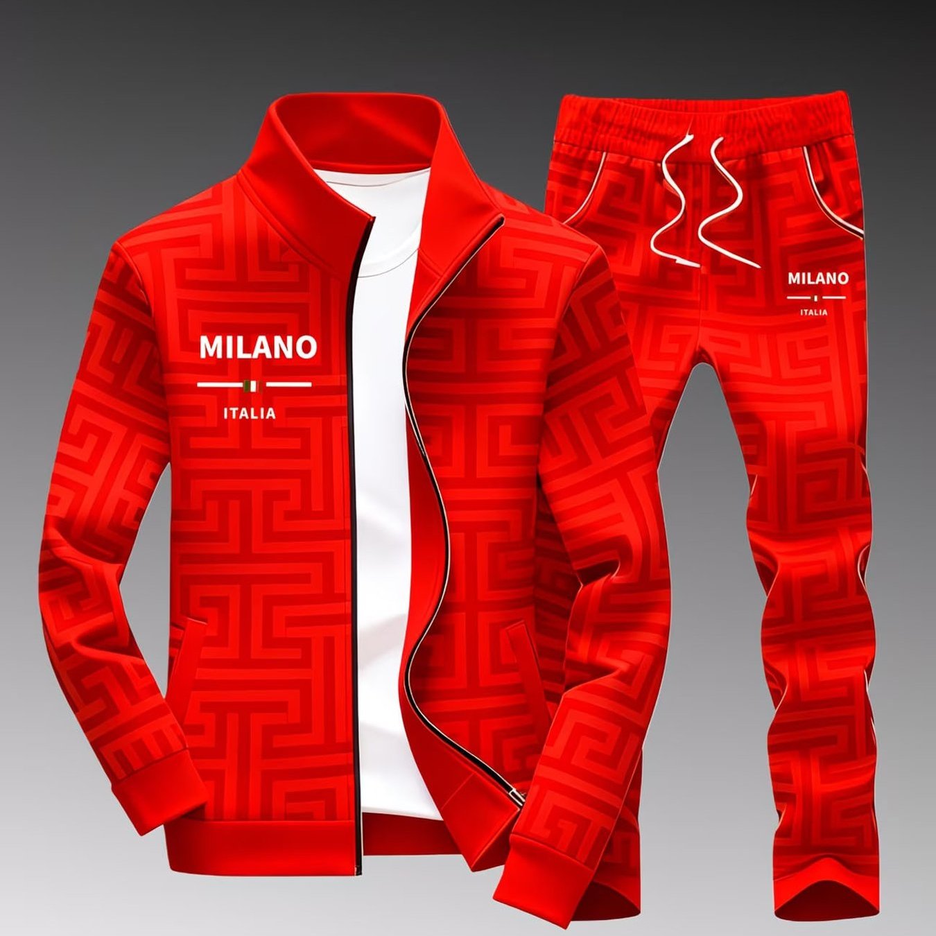 Men's Fashion Red Geometric Pattern Italia Print Track Suit Casual Sportswear For Adults Men Street Style Daily Wear Holiday Gift