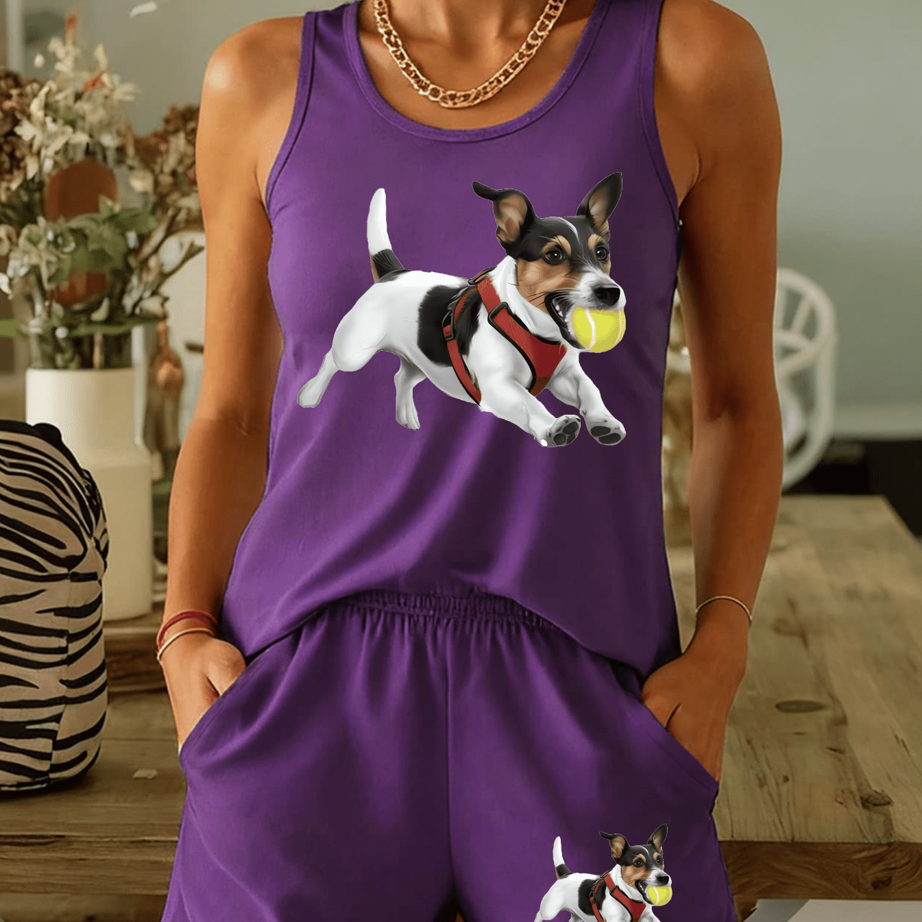 TEMU Mouth-held Terrier Puppy Realistic Print Jumpsuit Shorts 2pcs Set Women's Summer Sleeveless Loose Top Elastic Pocket Shorts Home Outfit