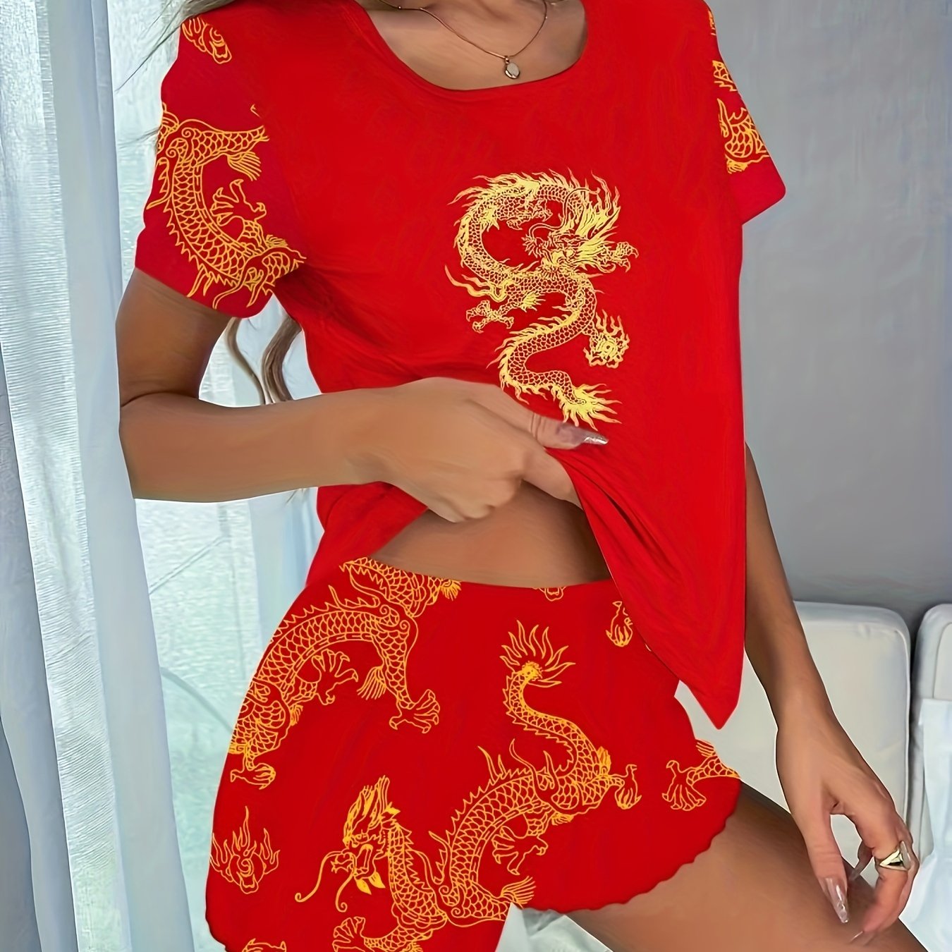 Chinese Dragon Chinese Red Short-sleeve Set