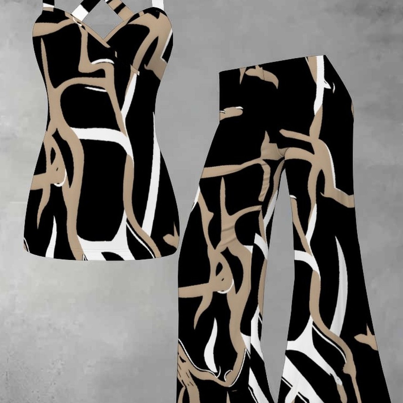 Image of Summer Set Featuring A -back Cross Design Vest And Slim-fitting Flare Pants Of Comfortable And Skin-friendly Fabric, To Wear For Occasions Such As Commuting, Dating, And Streetwear.