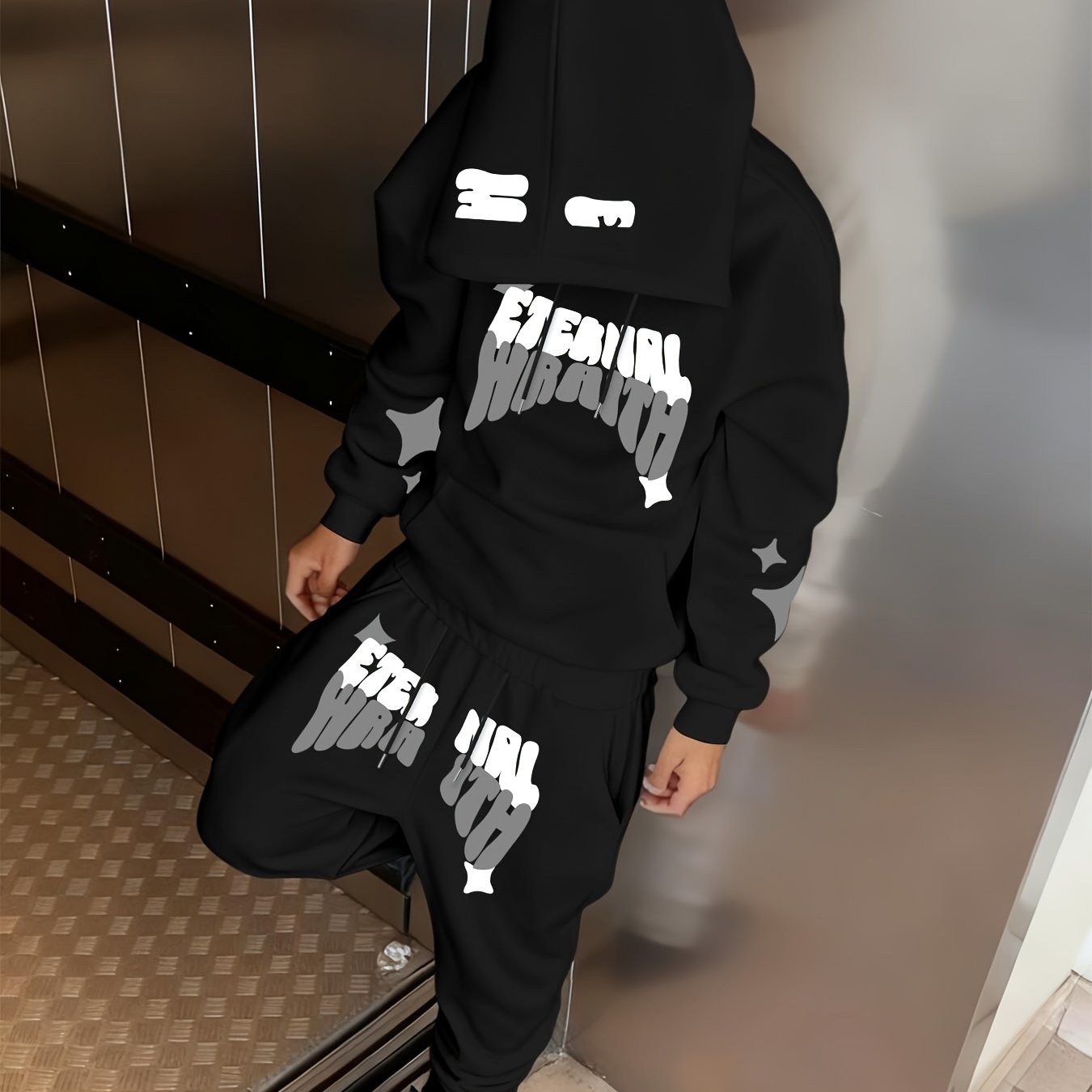 TEMU Men's Casual 2pcss Letter Star Pattern Print Drawstring Pocket Hoodie And Drawstring Outdoor Casual Athletic Long Pants Set 2pcss