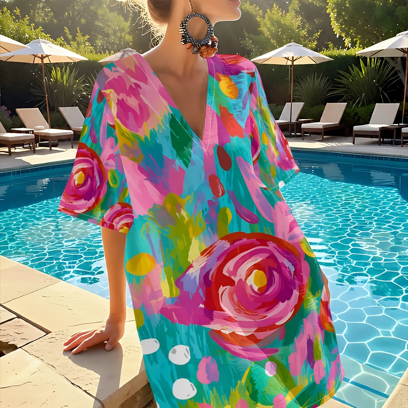 TEMU Women's V-neck Casual Dress, Midi Tee Dress With Contrast Painting Large Rose Print, Lightweight Beach Cover-up, Worn Over Swimwear, Loose