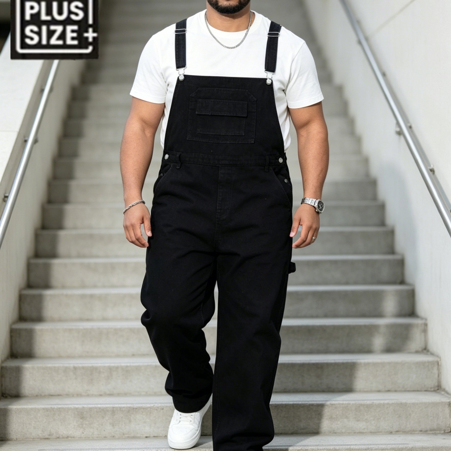Image of Hme Plus Size Men' Black Cargo Denim Overalls, Loose Wide Leg , Multi Pocket Functional Design, Adjustable Strap Casual Pants, Simple Street Style Denim Jumpsuit For Daily , Plus Size