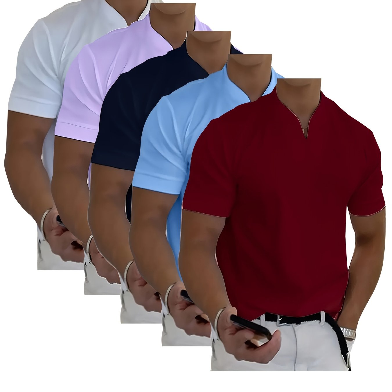 TEMU 5pcs Set Summer Men's Short Sleeve V-neck T-shirt, Breathable Quick-dry, Suitable For Outdoor Leisure, Daily , And Casual Wear