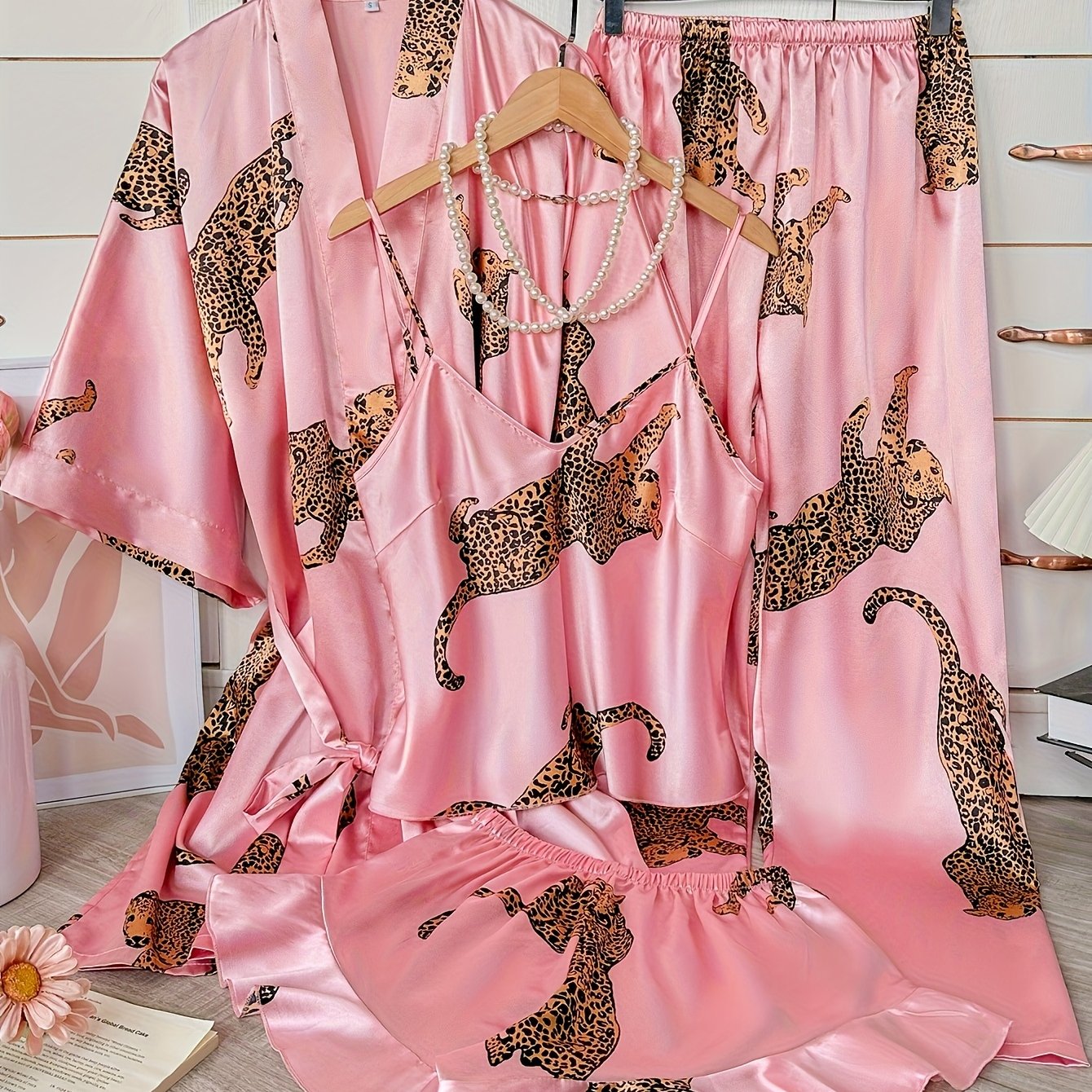 E-shop Jugendlicher Stil Druck Robe Cami Shorts Lange Hosen Set 4-teilig Teenager, für Teenager, für Teenager