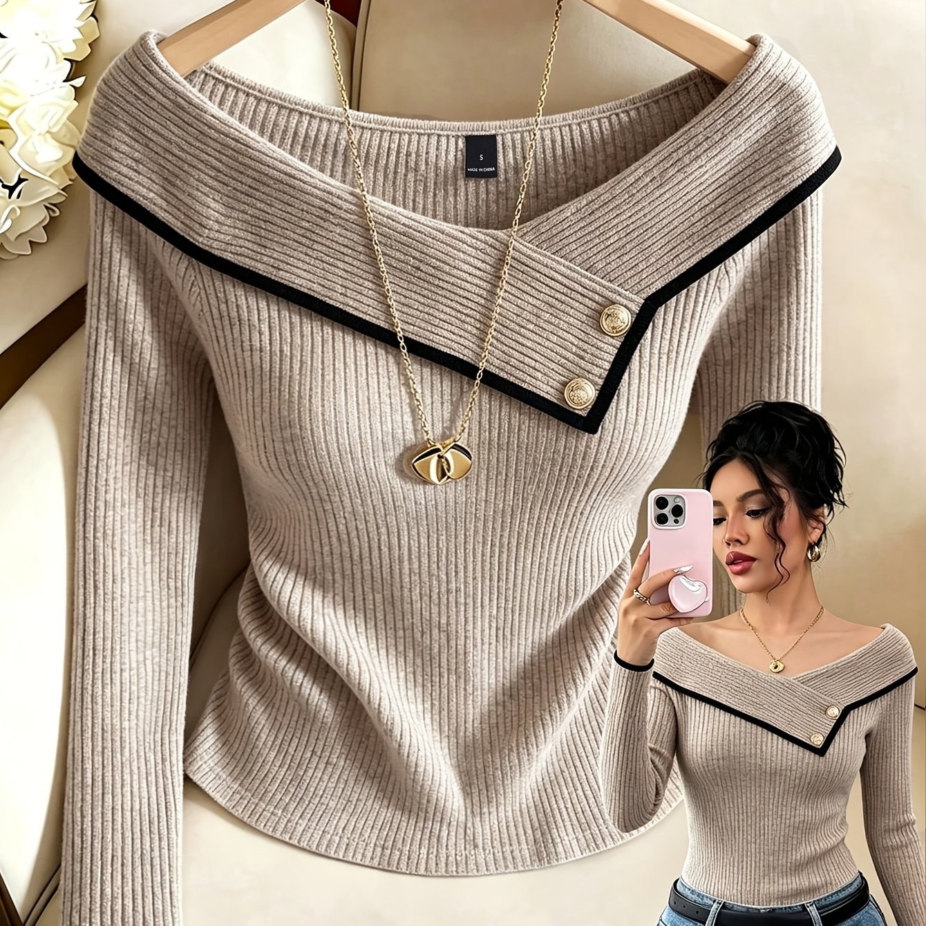 TEMU Top corto da donna /inverno elegante stile francese a costine con , bordo , spalle scoperte e bottoni in metallo