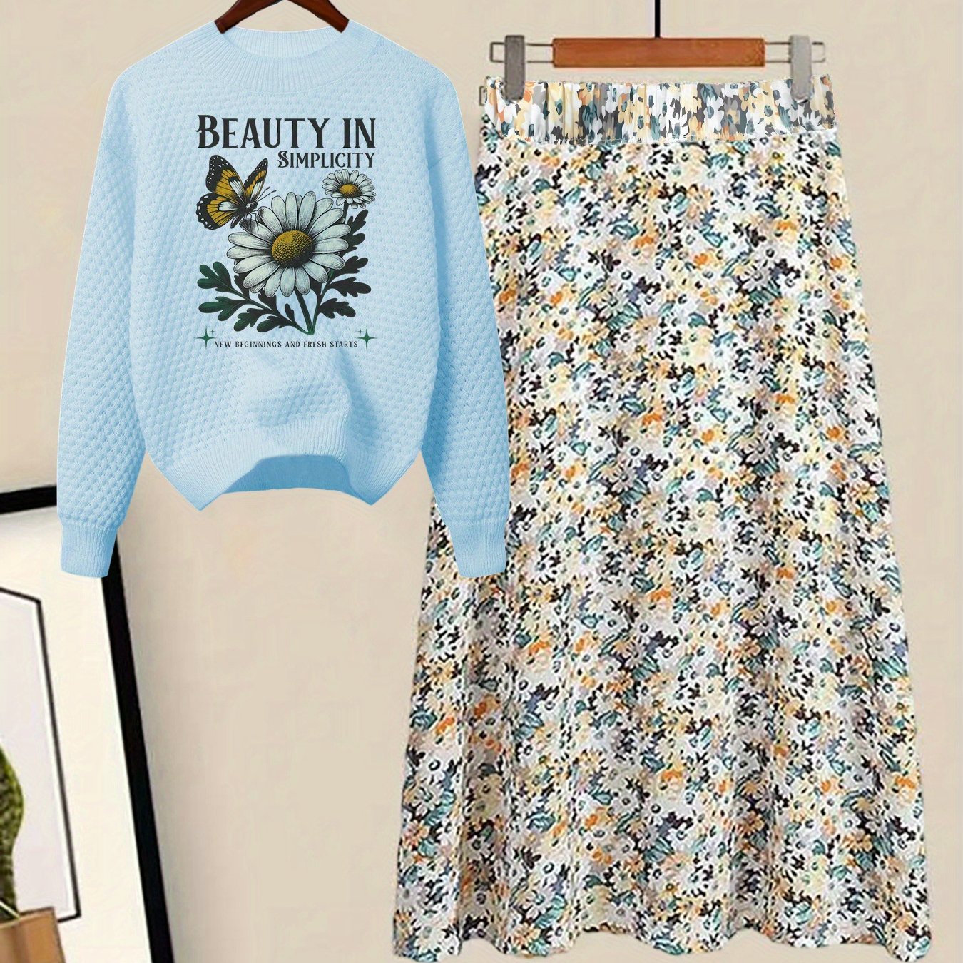 TEMU Casual Commuting Outfit For Women Featuring A Floral Print Skirt Set With A Round-neck Sweater, Perfect For Stylish Combinations