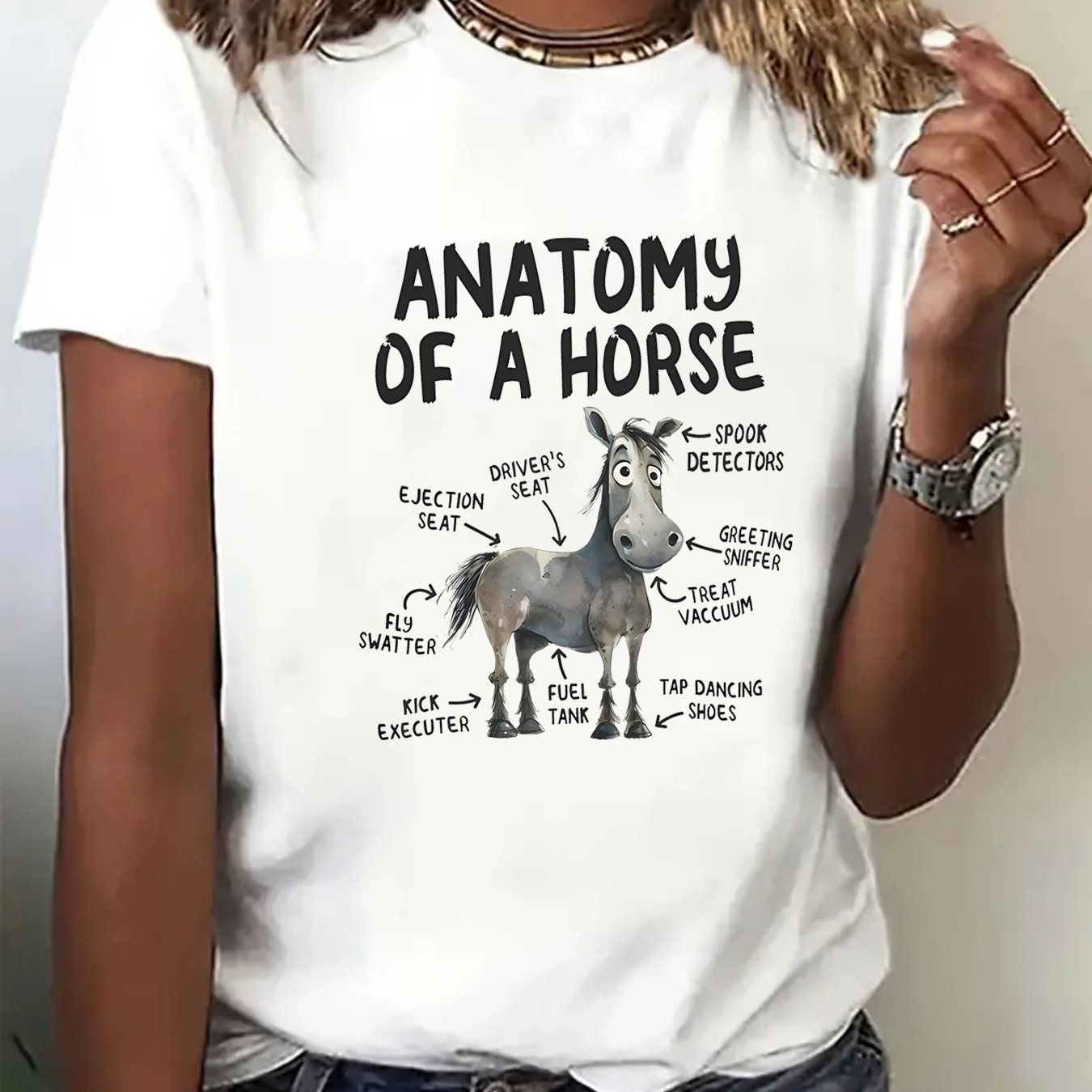 TEMU Women's Funny Anatomy Of A Horse T-shirt - Humorous Horse Lover Gift, Breathable Summer Casual Tee With Cartoon Graphic & Labels, Relaxed Fit