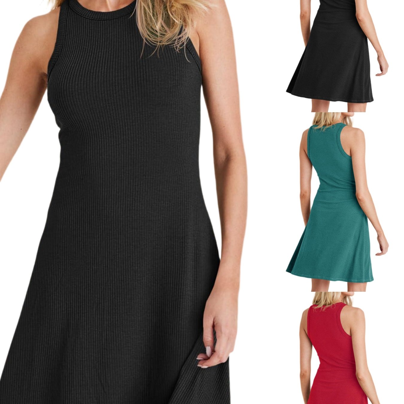 Image of Women' Spring Summer Dress Casual Tank Dress Ribbed Sleeveless Crewneck A Line Mini Dresses