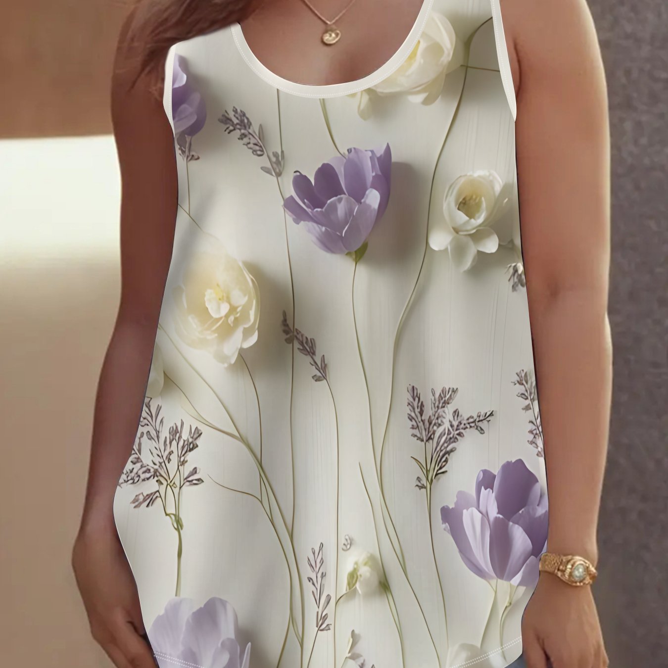 TEMU A Sleeveless Top Featuring Purple And White Tulips, Breathable And Skin-friendly, Plus-size And Flattering, Versatile T-shirt With French Style,
