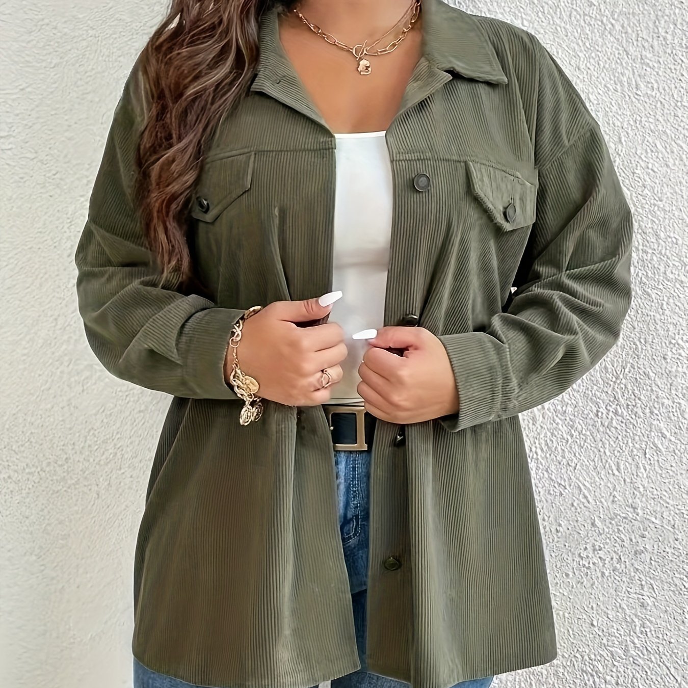 Plus Size - Plus Size - Plus Drop Shoulder Flap Detail Corduroy Coat