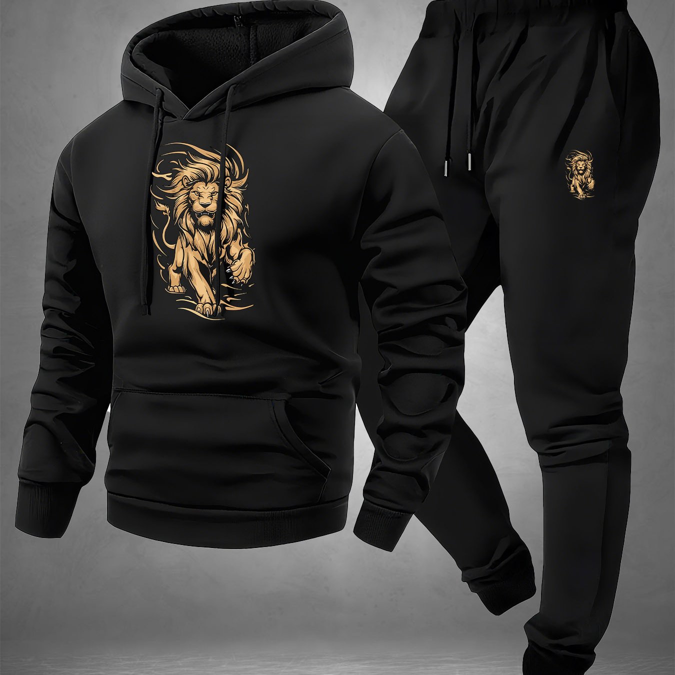 TEMU Mane Wind Lion Print, 2pcs Men's Casual Polyester Hoodie And Sweatpants Set, Long-sleeve Hooded Sweatshirt, Stretch Knit Fabric, Regular Fit,