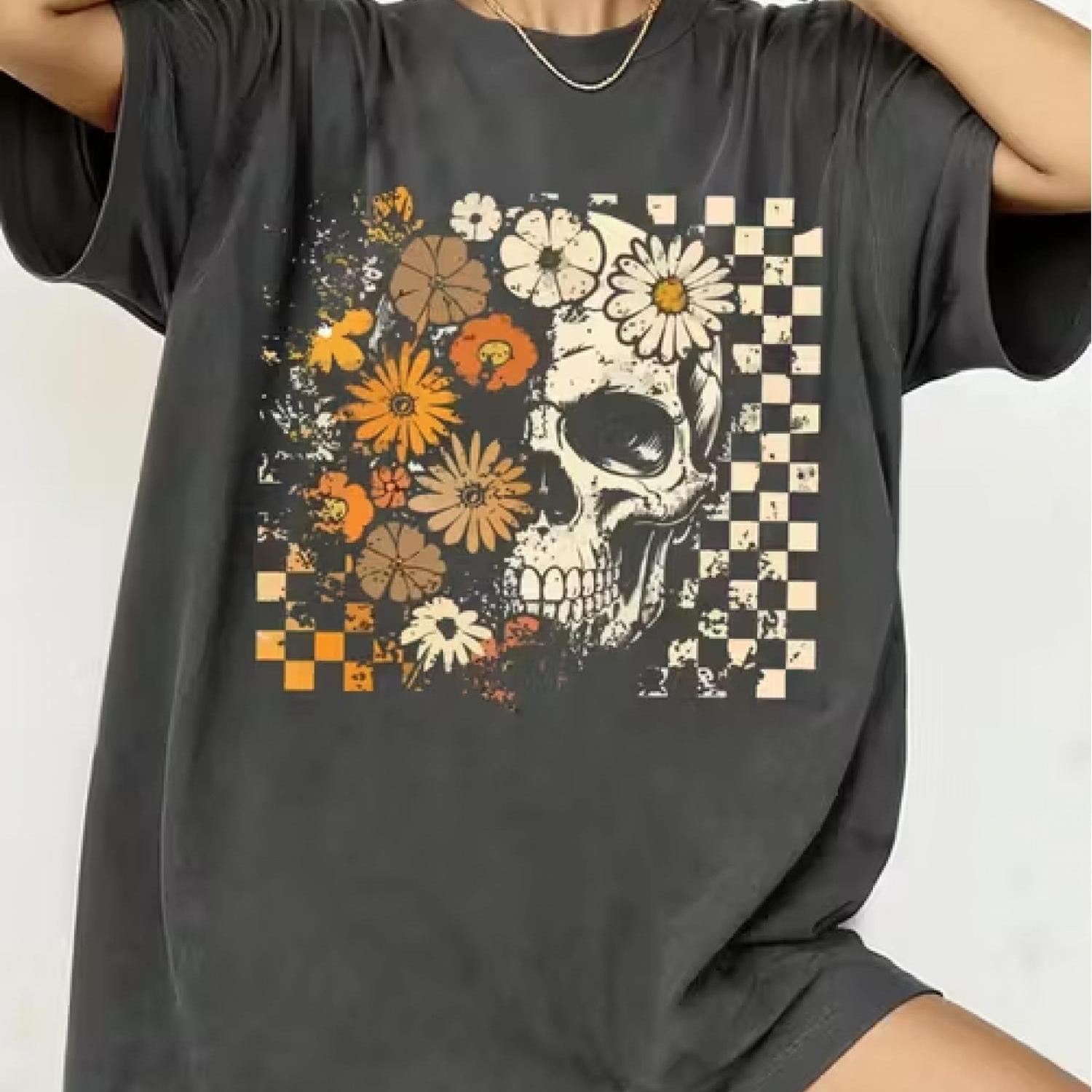 TEMU Vintage Gothic T-shirt - Skull & Flower Top | Suitable For Daily Wear, Gifts, Christmas, Valentine's Day | Machine Washable Outfits For Home, &