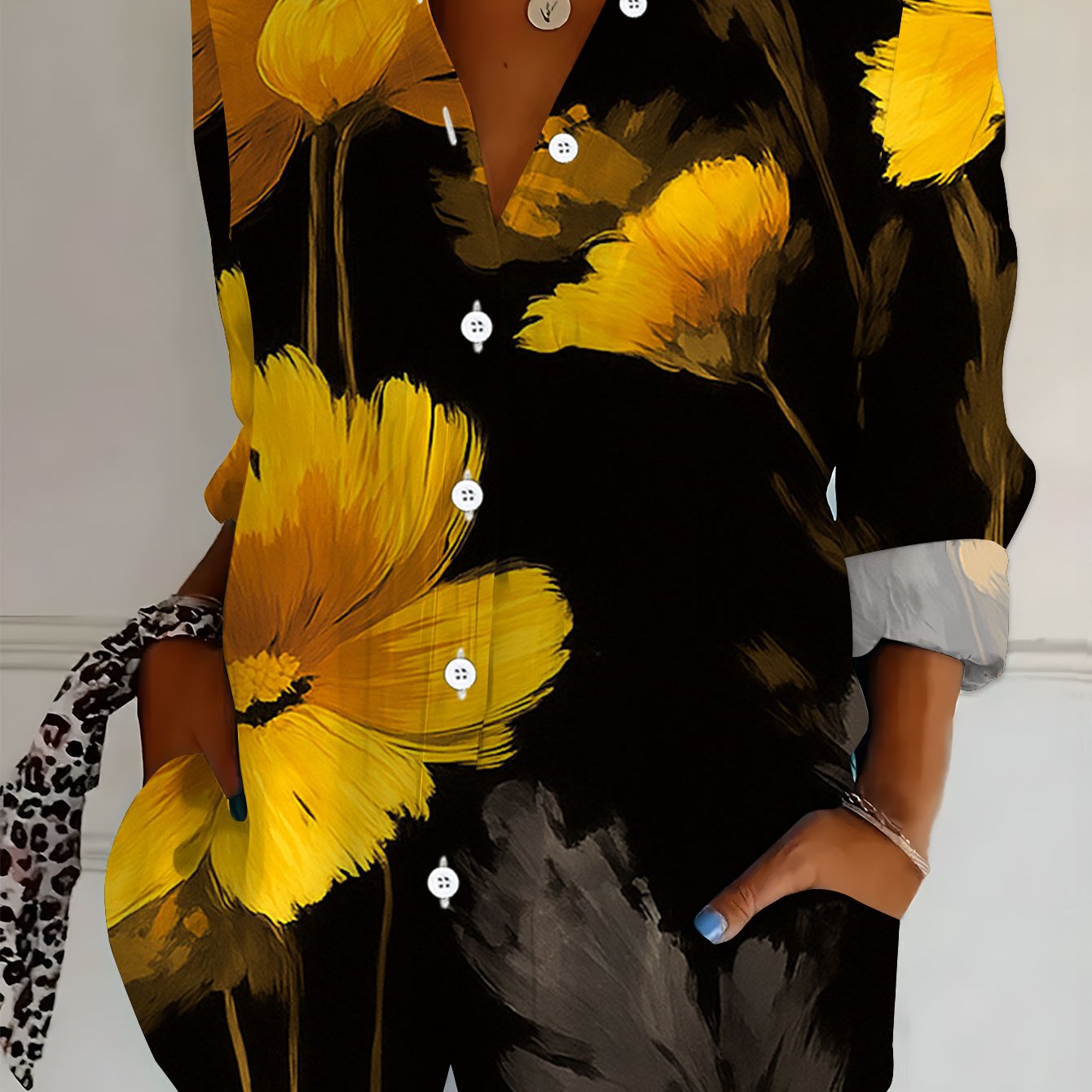 TEMU Plus Size, New Plus-size Women's Long-sleeve Printed Shirt, Versatile And Elegant Blouse For Women, Yellow Flowers Oil Painting Style, Loose-'s