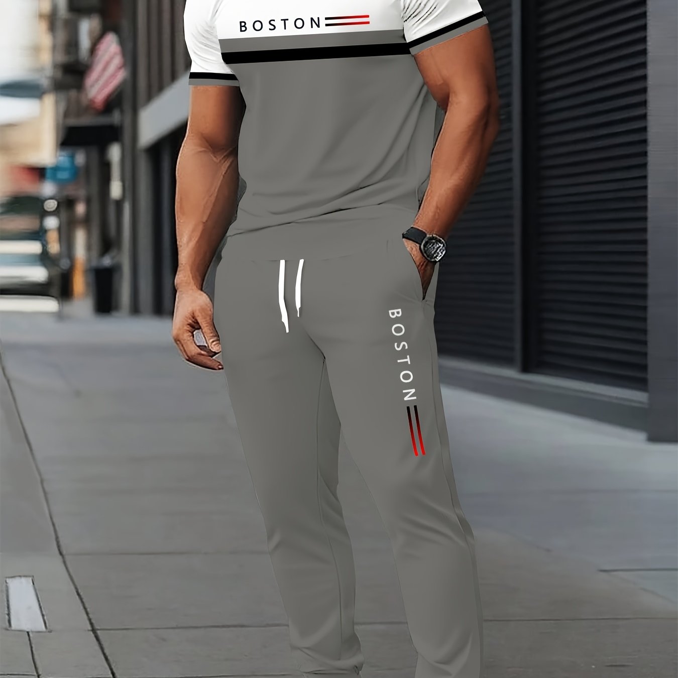 E-shop Herren Freizeit-T-Shirt-Hosen-Set mit Digitaldruck – Polyester-Mischgewebe, Rundhalsausschnitt, leicht dehnbar, Frühling/Herbst Kleidung mit