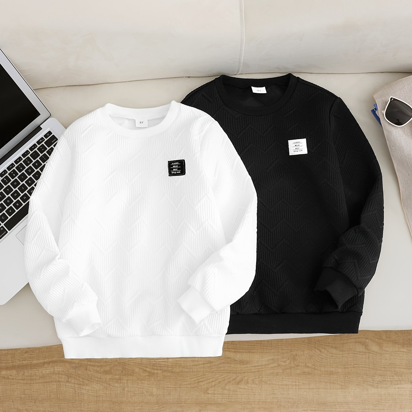 Image of Two-piece Set Of /autumn Boys' Sweatshirt For Medium To Large Children, Fashionable And Versatile Style, Long Sleeves, Embossed Stripe Pattern, Patch