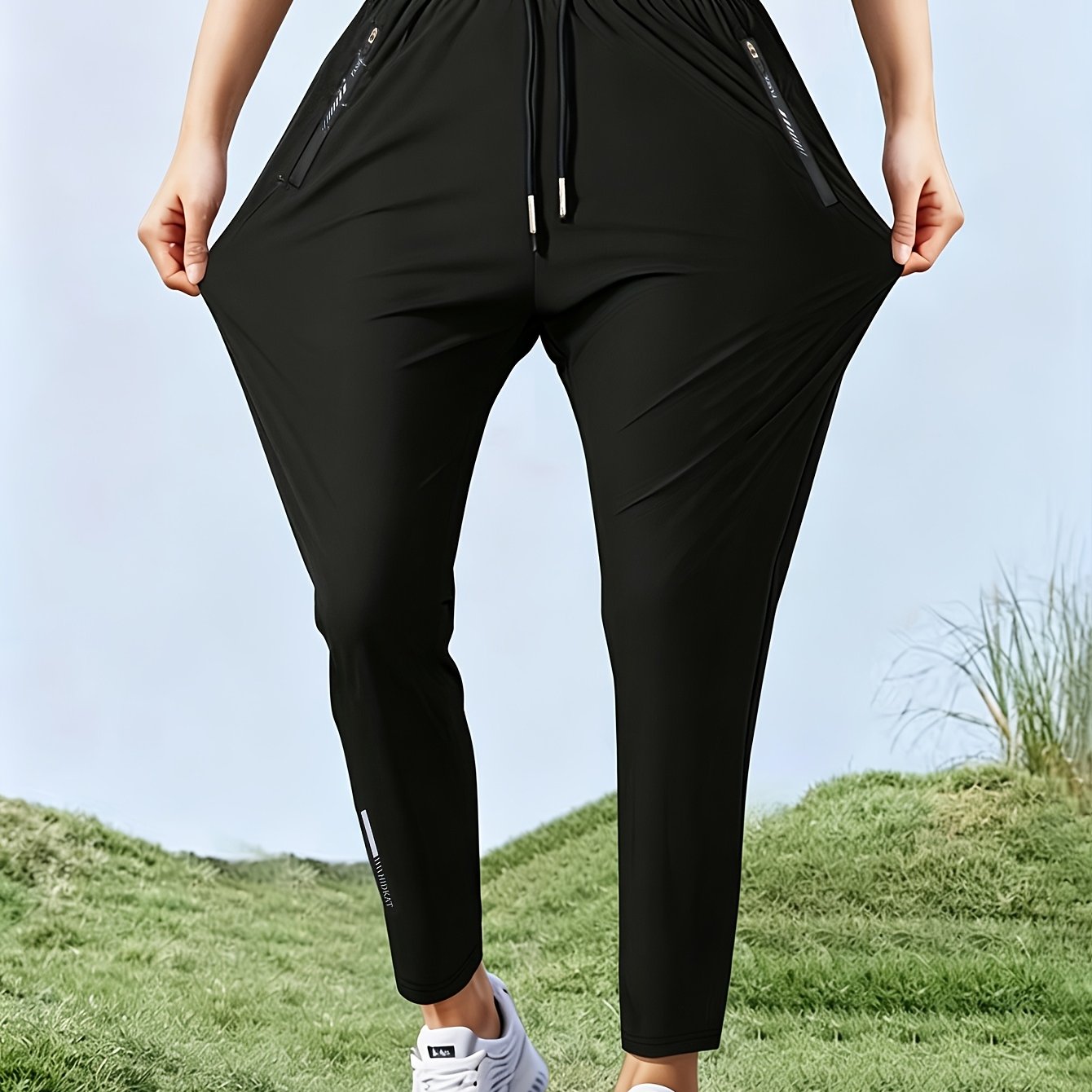 TEMU Women's High-elastic Straight Ice Slinky Fiber Fabric Pants Spring Autumn Elastic Waist Drawstring Outdoor Casual Cool Quick-dry Zipper Pocket