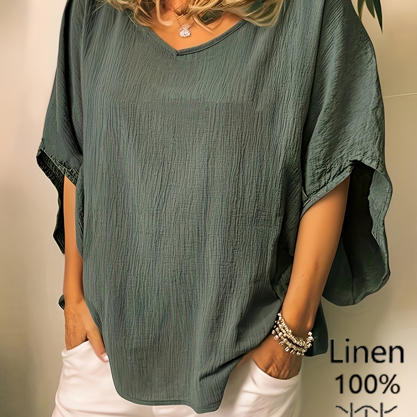 E-shop Vielseitiges einfarbiges Leinen-Fledermausärmel-Shirt für Damen im Urlaubsstil, lockeres V-Ausschnitt-Top & figurschmeichelndes lässiges T-Shirt