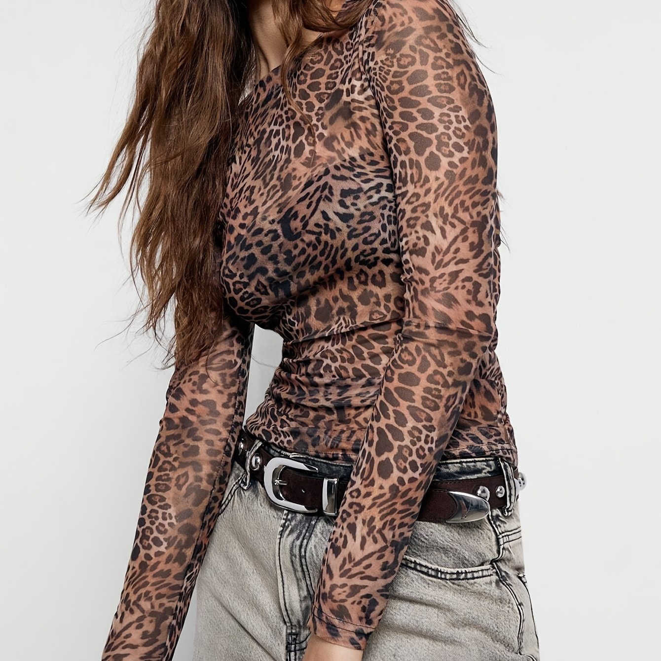 TEMU Plus Size - Leopard Print Transparent Long Sleeve Round Neck Top