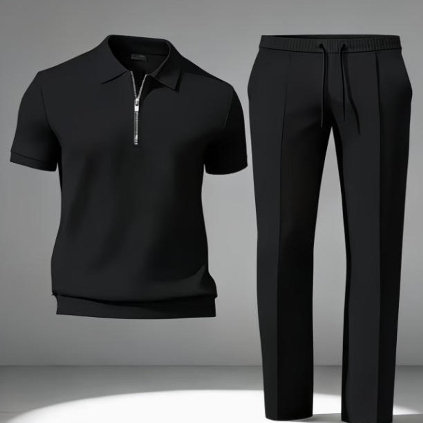 Image of Men's Fashion Casual Half-zip Shirt Drawstring Waist Straight Pants Set Solid Color For Adults Men Fall Winter Street Style Daily Wear Holiday Gift