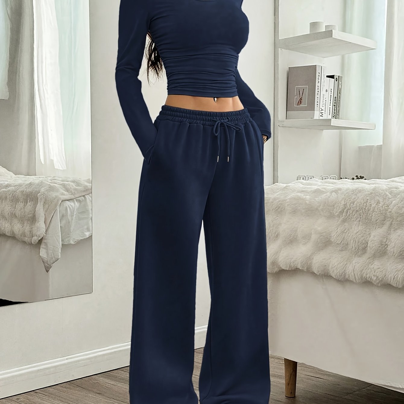 Image of 2pcs Women's Casual Solid Color Ruched Round Neck Crop T-shirt And Wide Leg Drawstring Waist Pants Set