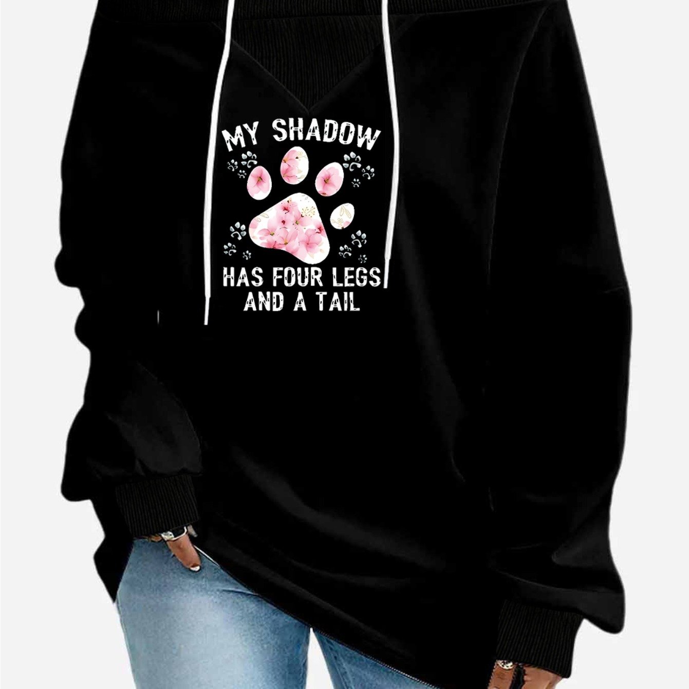 TEMU Plus Size - Plus Size - Letter Print Lazy Style With Dog Paw Design, Plus Size Trendy Women's Clothing, Off-shoulder Sweatshirt For Women, Loose