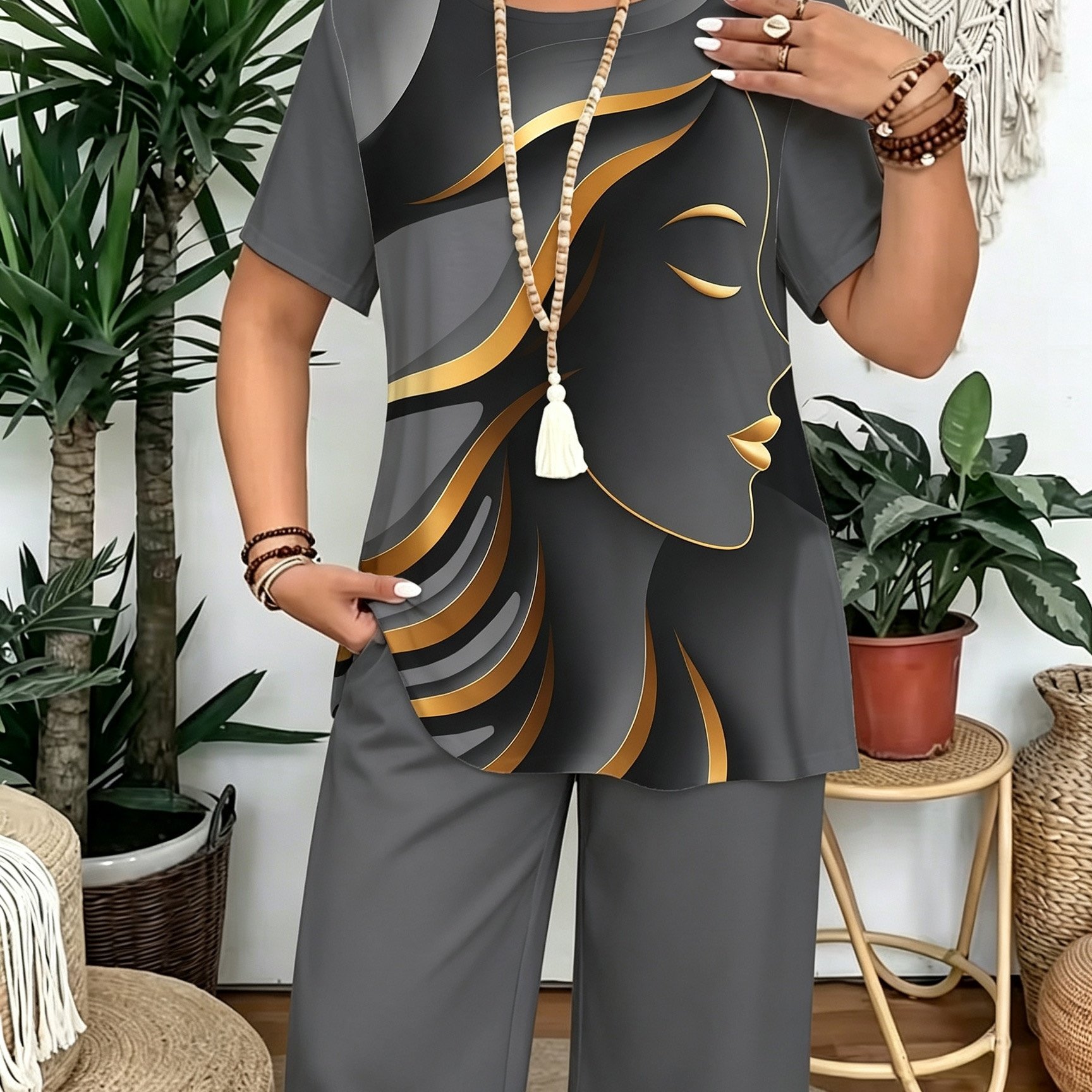 Image of Plus Size Women's Suit, Elegant And Stylish Round Neck T-shirt, Abstract Portrait Print Two-piece Set, Suitable For Home, Travel, Parties, And Vacations