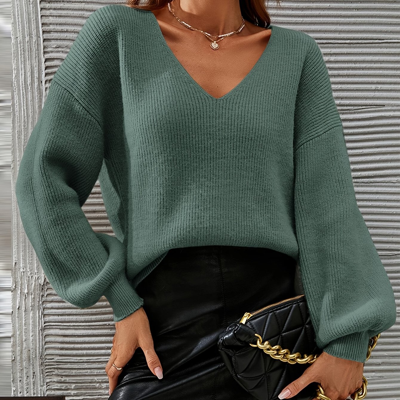 TEMU Pull à col en V et épaules tombantes style français