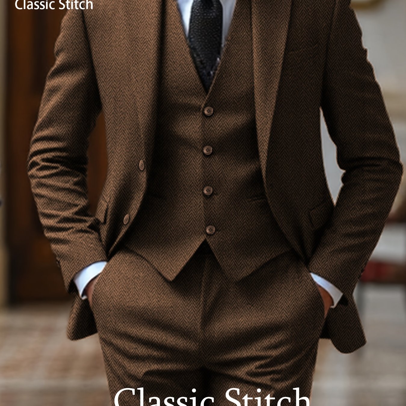 TEMU Men's 3pcs Wool Blend Herringbone Western Vintage Favors Wedding Suit For Formal Events, Work, Business, And Parties - Elegant Vintage Suit