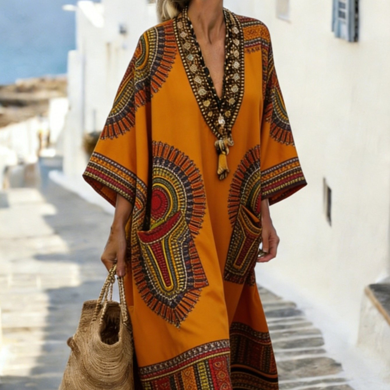 Image of Plus Size, Plus Size Dress For Women Elegant Warm Orange Tribal Circle Print V Neck Maxi Dress, Bohemian Coastal Holiday Vacation Wide Sleeve Pocket Loose Long Dress For European Summer Travel Outfit